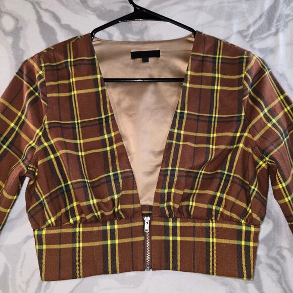 Hours Vintage Style Y2K Cropped Plaid Zip-Up V Neck Jacket Women's Size XS - Picture 3 of 13